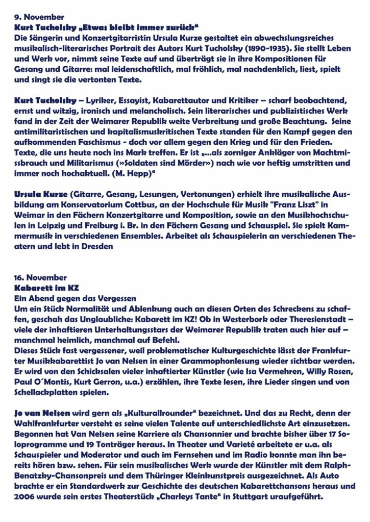 Flyer Rückseite: Ursula Kurze, 9. November 2025 und Jo van Nelsen, 16. November 2025